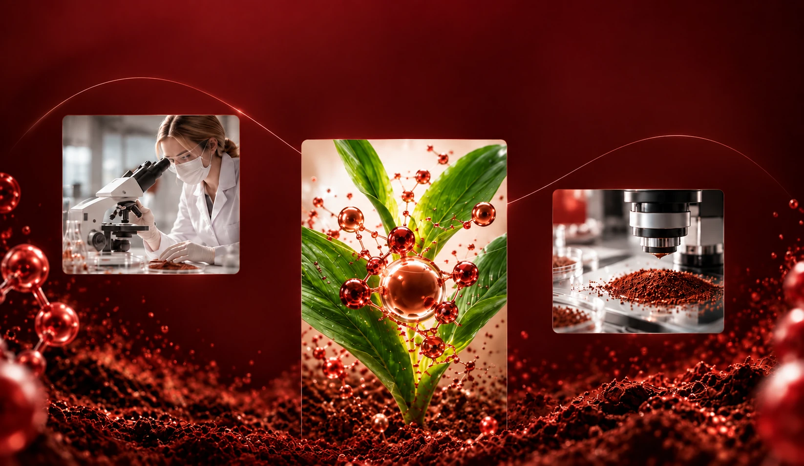 Researcher at a microscope, a plant with iron molecules and a microscope over microgranules