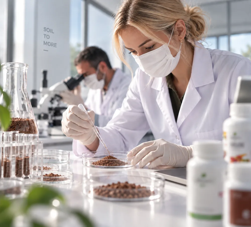 Researcher examining soil granules in the laboratory